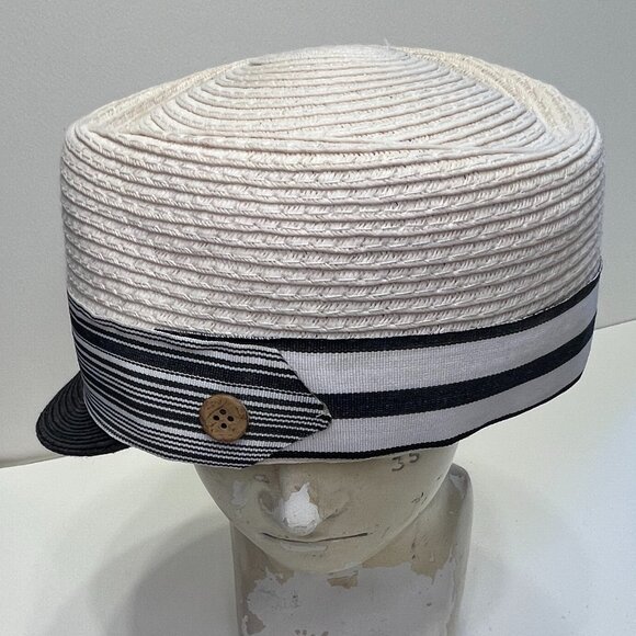 D&Y Straw Newsboy cap in Ivory and Navy Blue - Picture 6 of 11